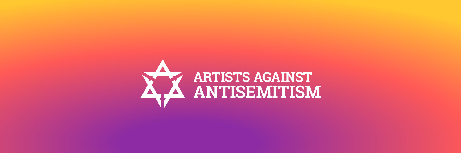 Willkommensbanner von Artists Against Antisemitism. das Logo Logo ist weiß, im Hintergrund ein Verlauf von lila zu rot, zu gelb. Gegen jeden Antisemitismus